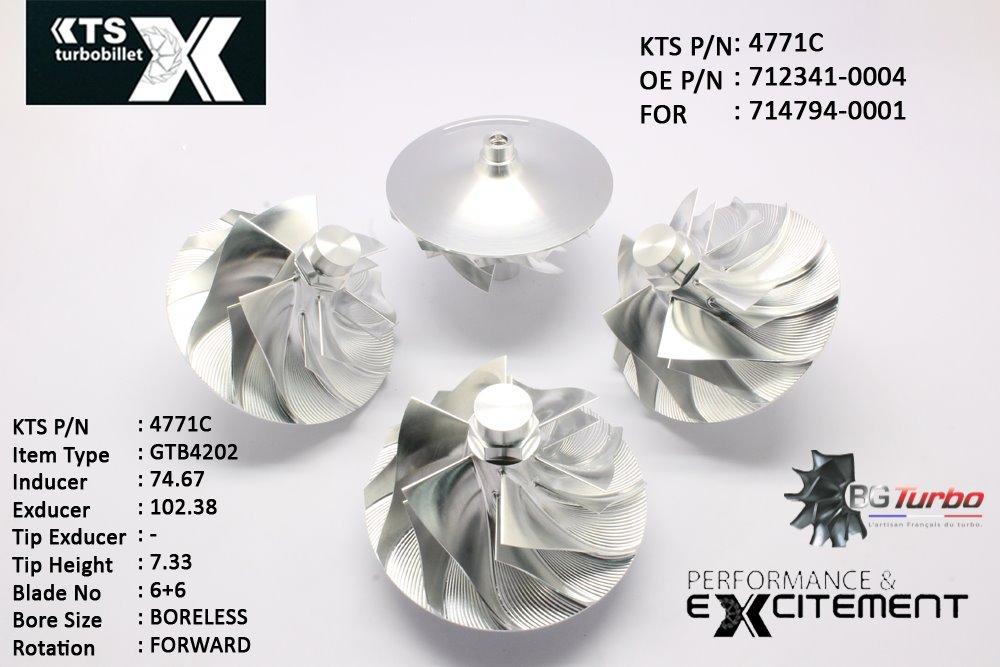 Turbo ROUE FORGÉE MFS PERFORMANCE - 6+6 PALES - INDUCER : 74,67 - EXDUCER : 102,38 - TYPE : GTB4202ANGLE : 55° - ROTATION : Forward - SUPER BACK : 20,83 - BORE SIZE : 8,27
